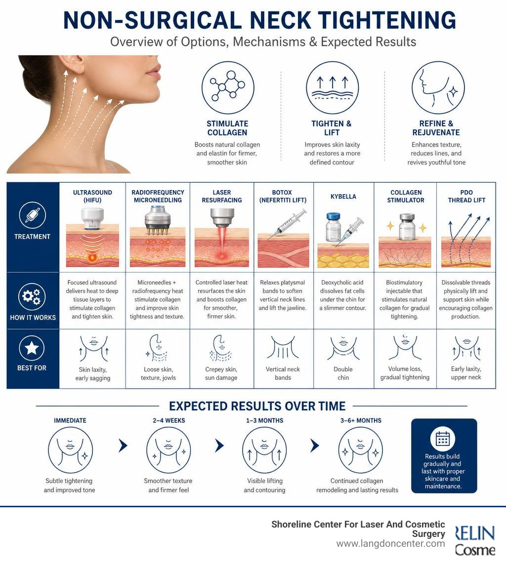 Overview of non-surgical neck tightening options, mechanisms, and expected results infographic Overview of non-surgical neck tightening options, mechanisms, and expected results infographic