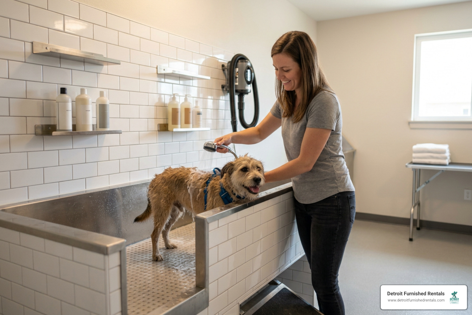 Onsite dog wash station in a modern pet-friendly apartment building Onsite dog wash station in a modern pet-friendly apartment building