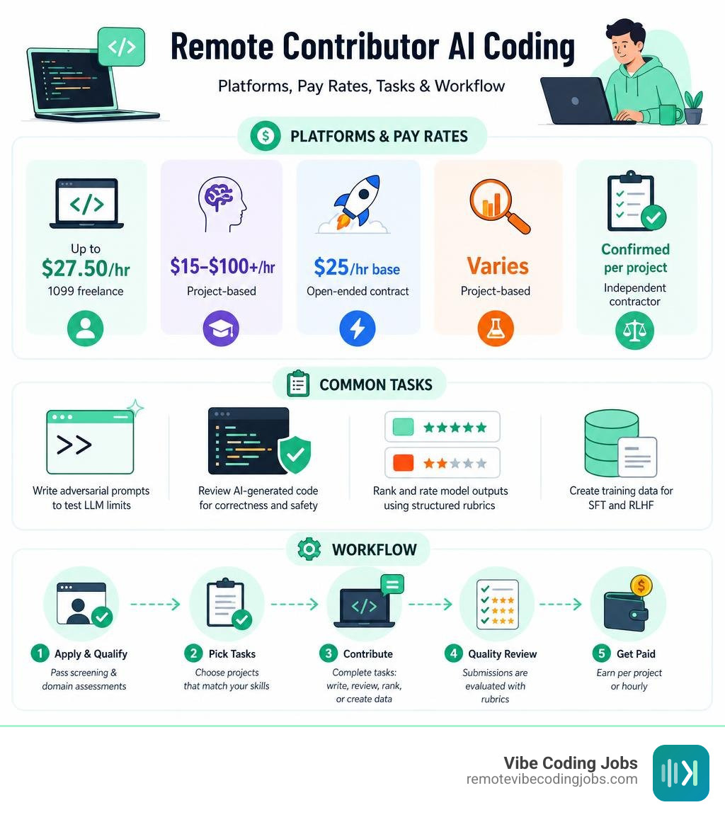 Platforms, pay rates, tasks, and workflow for remote contributor AI coding roles infographic