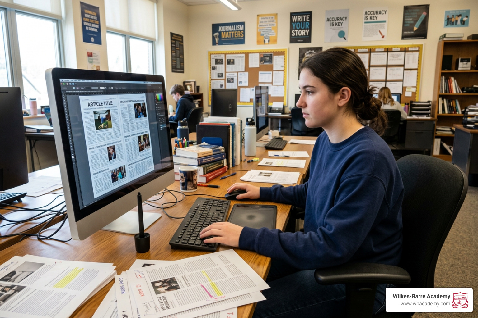 student editor reviewing digital layouts