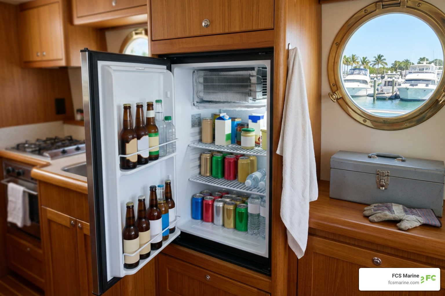 Fully repaired, cold marine refrigerator stocked with drinks on a boat Fully repaired, cold marine refrigerator stocked with drinks on a boat