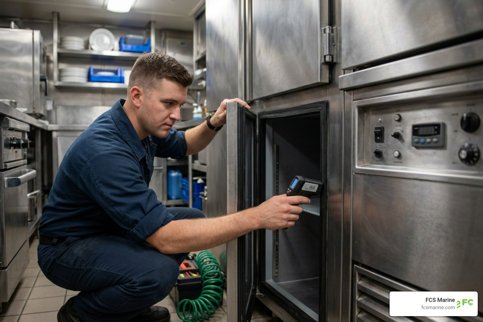 Technician checking marine refrigerator door seals for leaks Technician checking marine refrigerator door seals for leaks