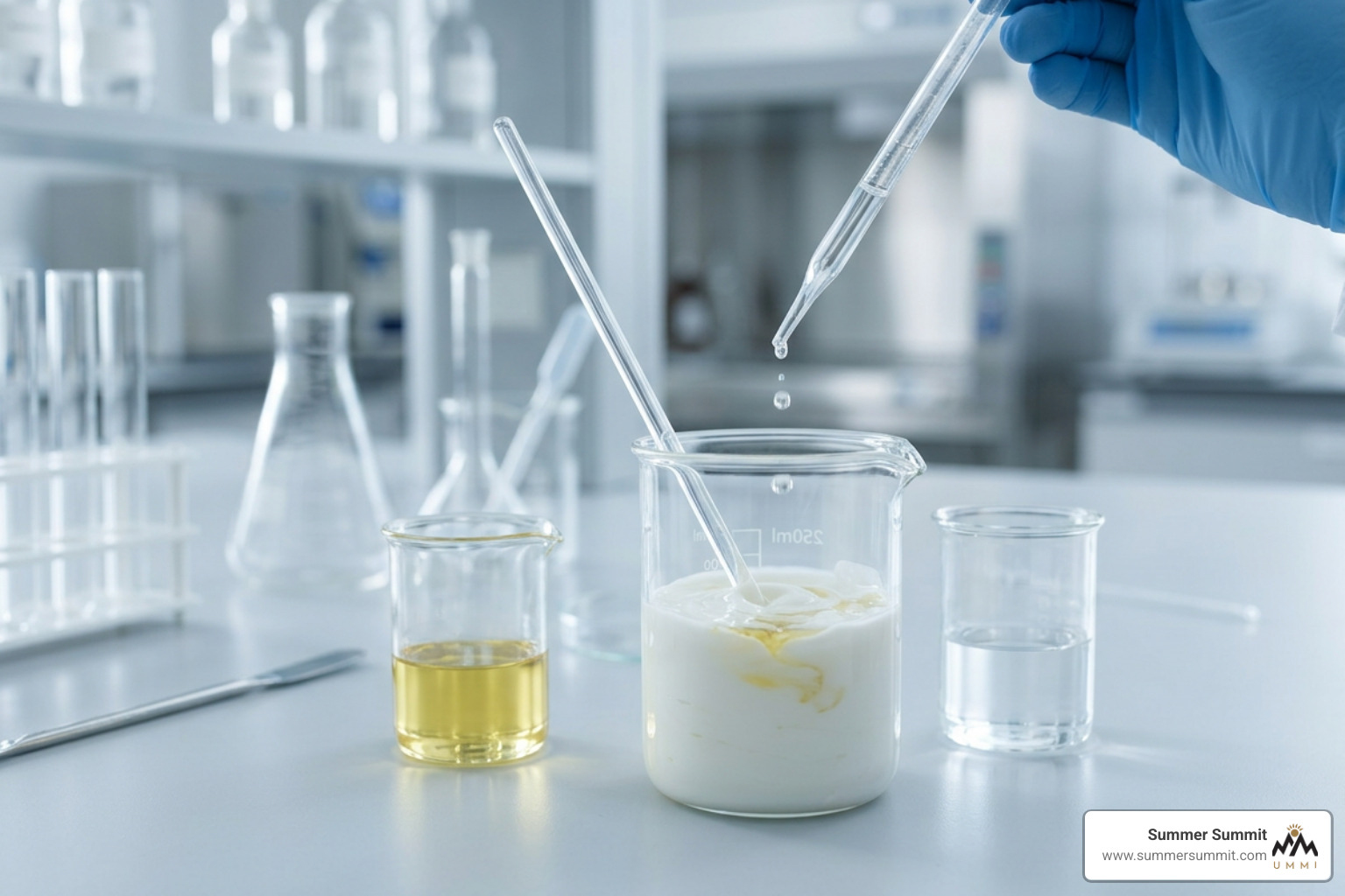 Skincare ingredients being mixed in a laboratory setting Skincare ingredients being mixed in a laboratory setting
