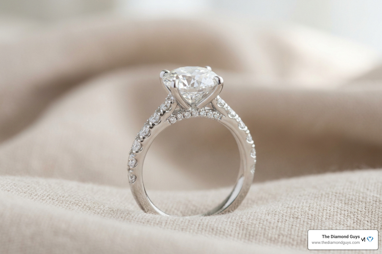 A custom 3 carat round lab grown diamond ring set in a delicate platinum band with accent diamonds A custom 3 carat round lab grown diamond ring set in a delicate platinum band with accent diamonds