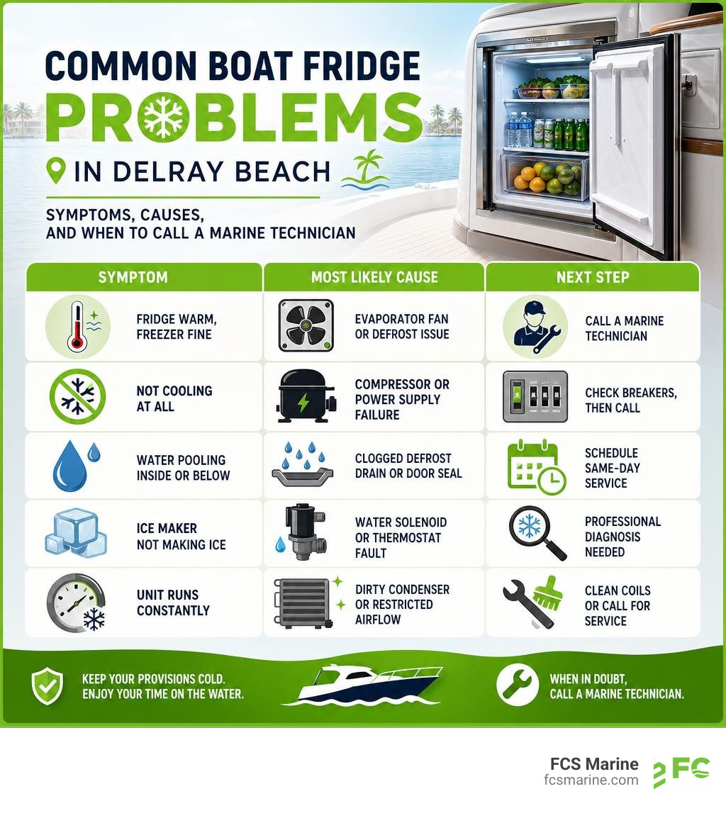 Common boat fridge problems in Delray Beach: symptoms, causes, and when to call a marine technician infographic Common boat fridge problems in Delray Beach: symptoms, causes, and when to call a marine technician infographic