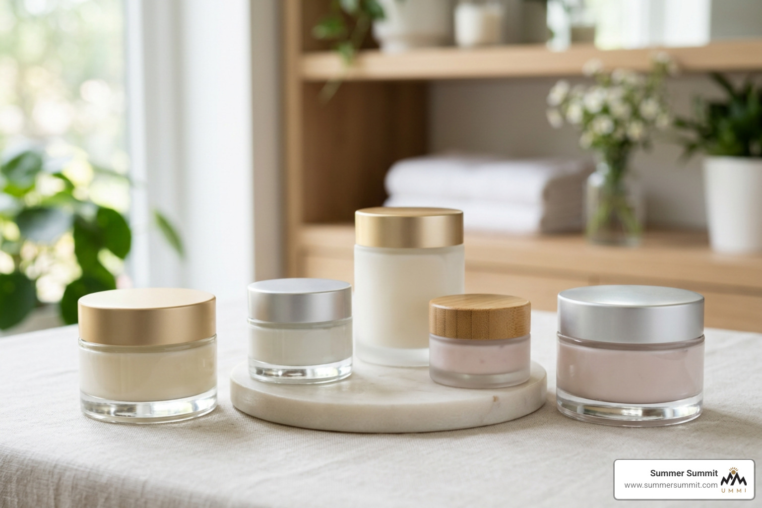 Premium skincare cream jars displayed elegantly on a clean background Premium skincare cream jars displayed elegantly on a clean background