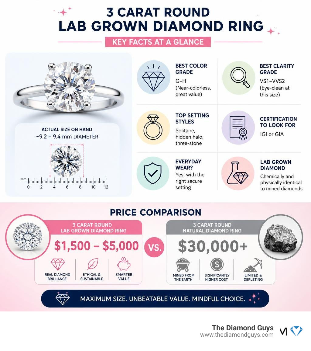 Key facts and price comparison for a 3 carat round lab grown diamond ring infographic Key facts and price comparison for a 3 carat round lab grown diamond ring infographic
