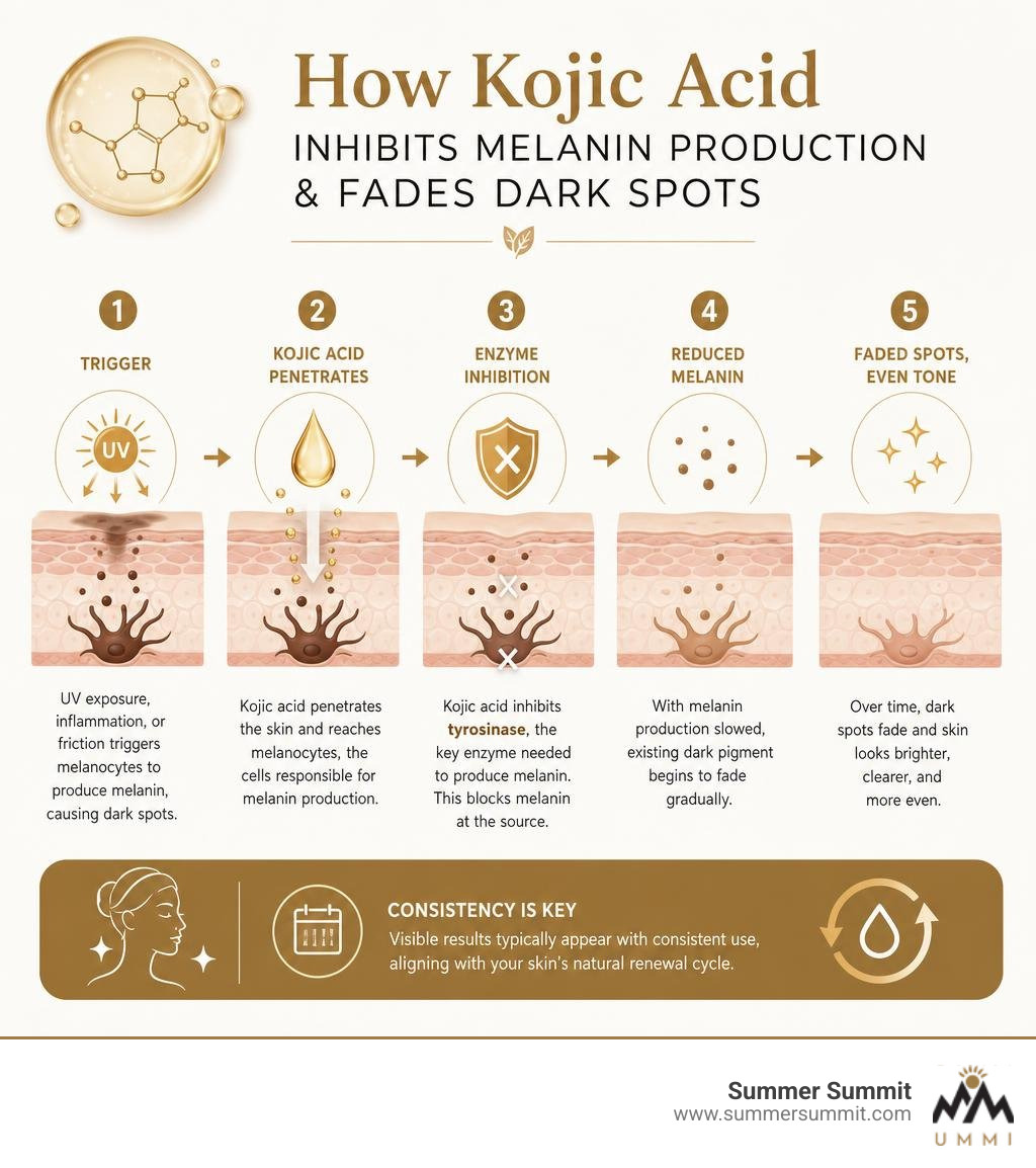 Infographic showing how kojic acid inhibits melanin production and fades dark spots step by step infographic Infographic showing how kojic acid inhibits melanin production and fades dark spots step by step infographic