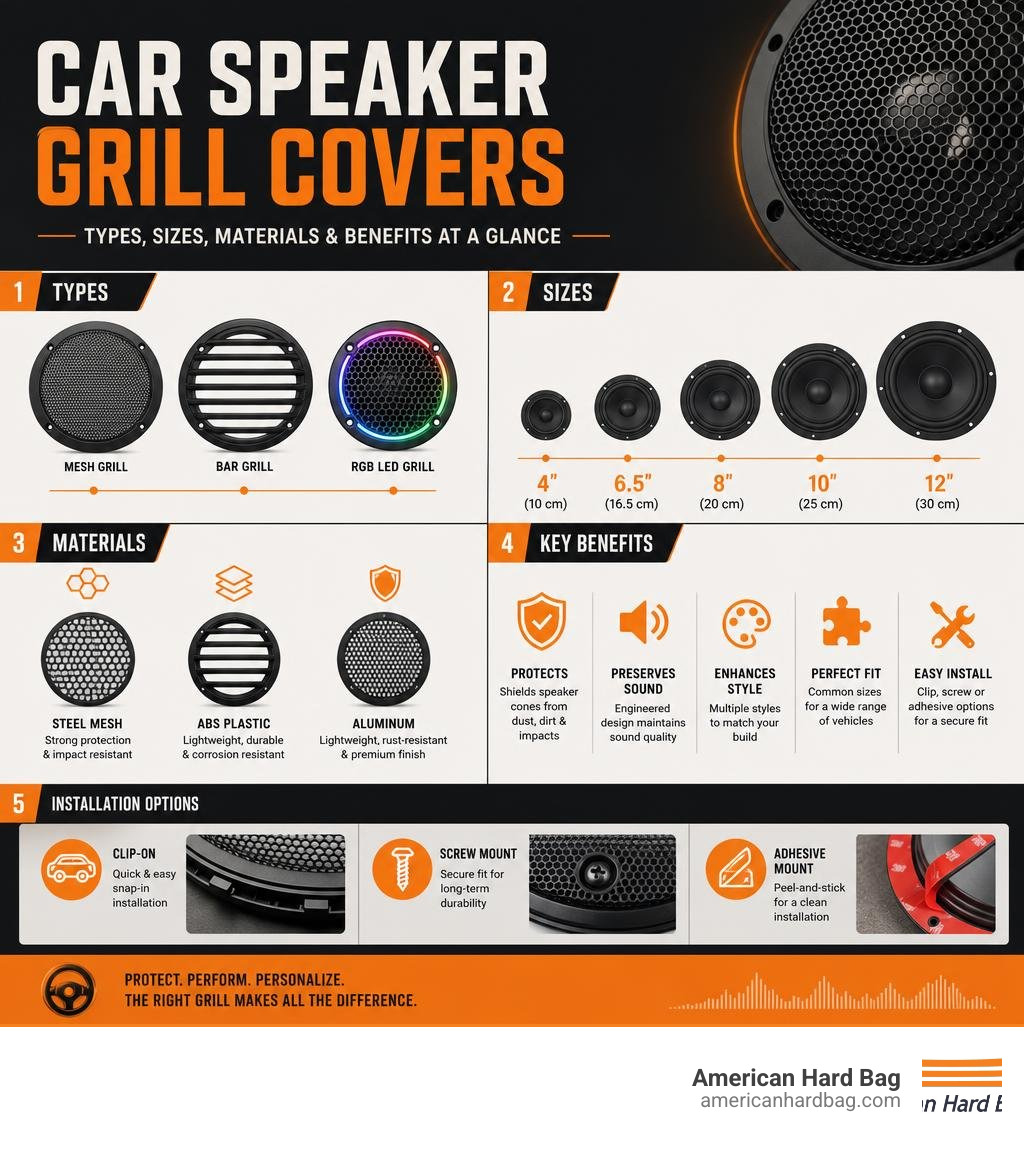 Infographic showing car speaker grill cover types, sizes, materials, and key benefits at a glance infographic