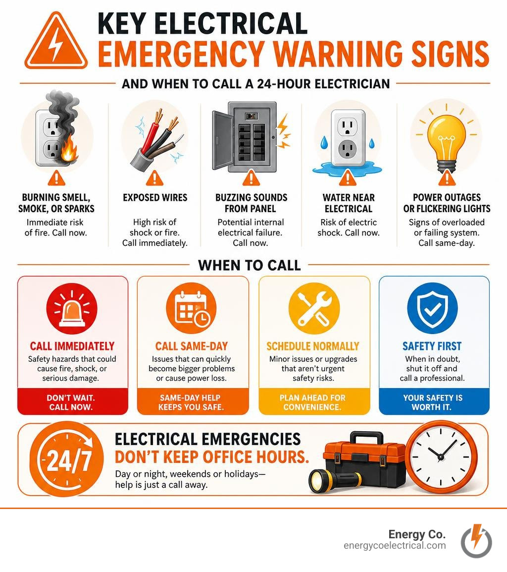 Key electrical emergency warning signs and when to call a 24-hour electrician infographic