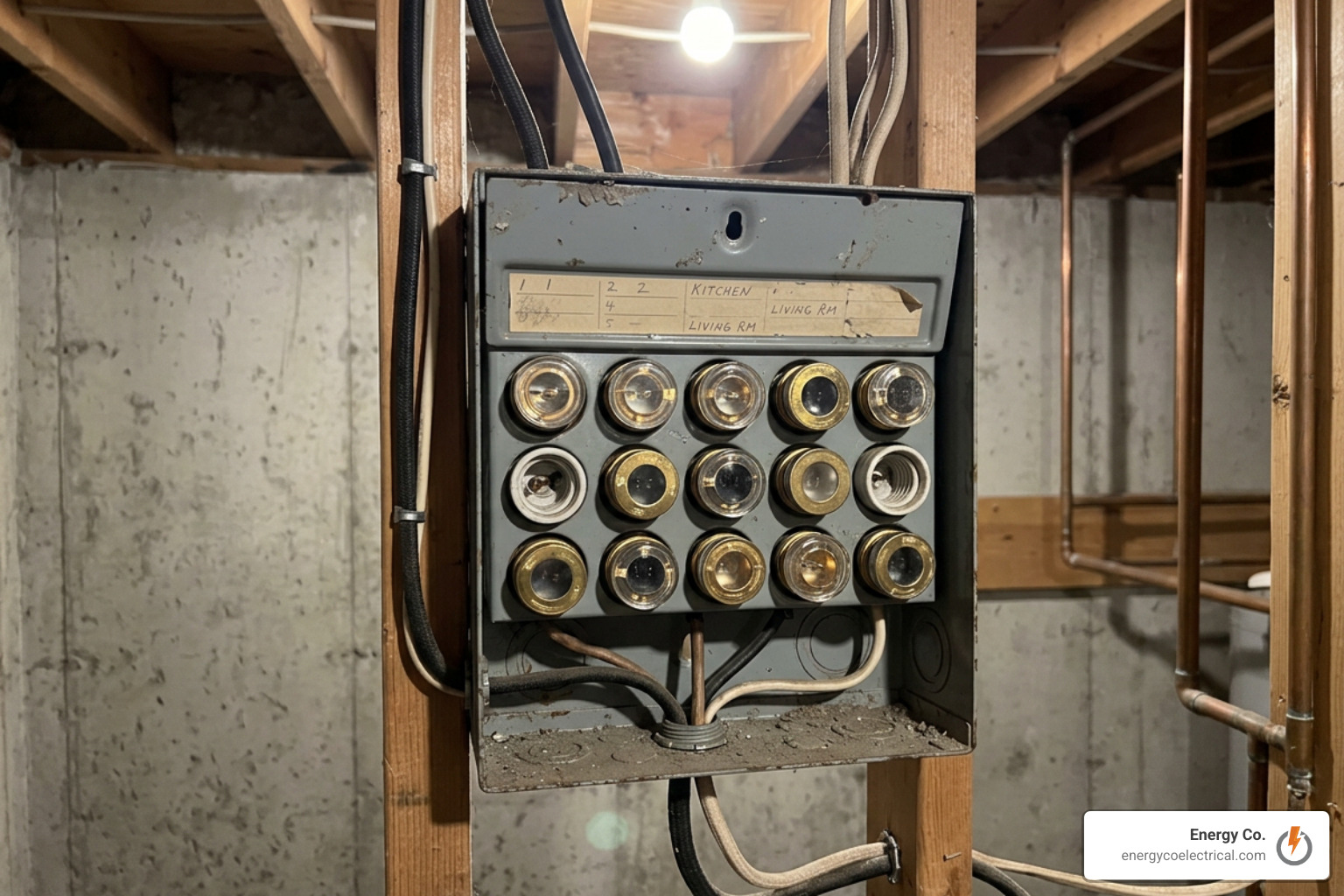 An outdated residential fuse box with screw-in glass fuses An outdated residential fuse box with screw-in glass fuses