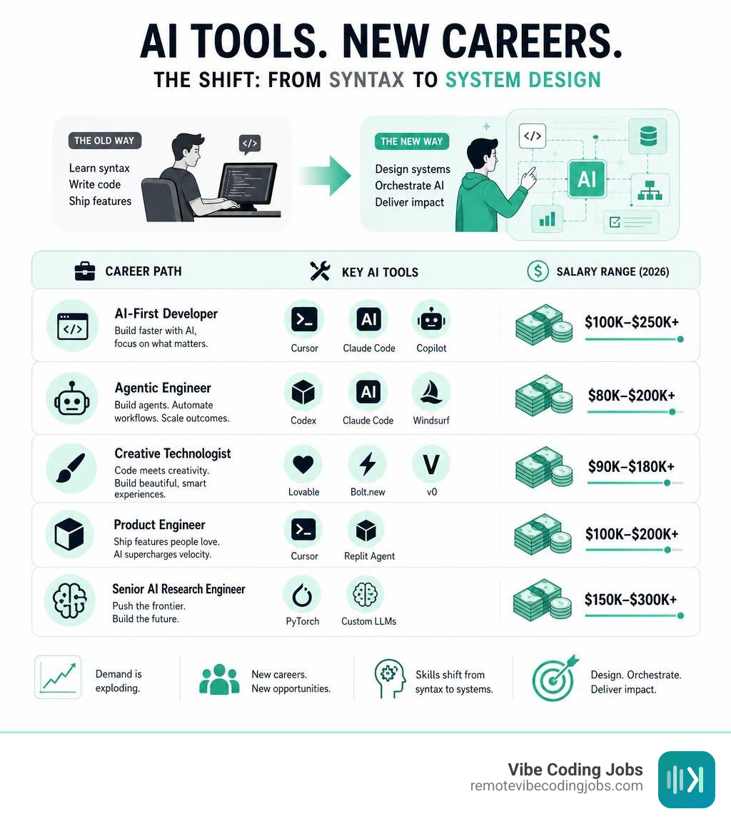 AI tools coding careers shift from syntax to system design — career paths, tools, and salary ranges infographic