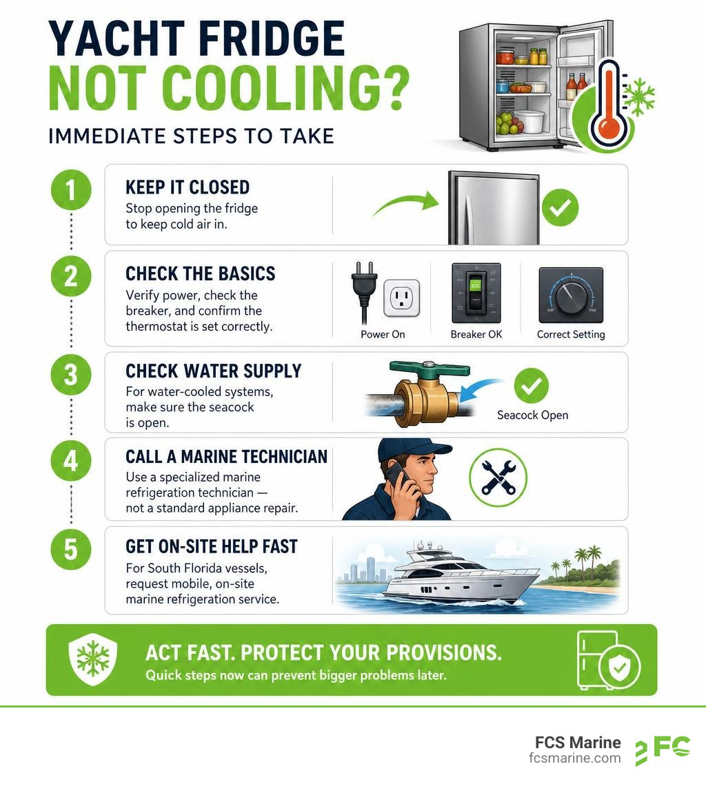 Immediate steps to take when a yacht refrigerator stops cooling, from power check to calling a marine technician infographic