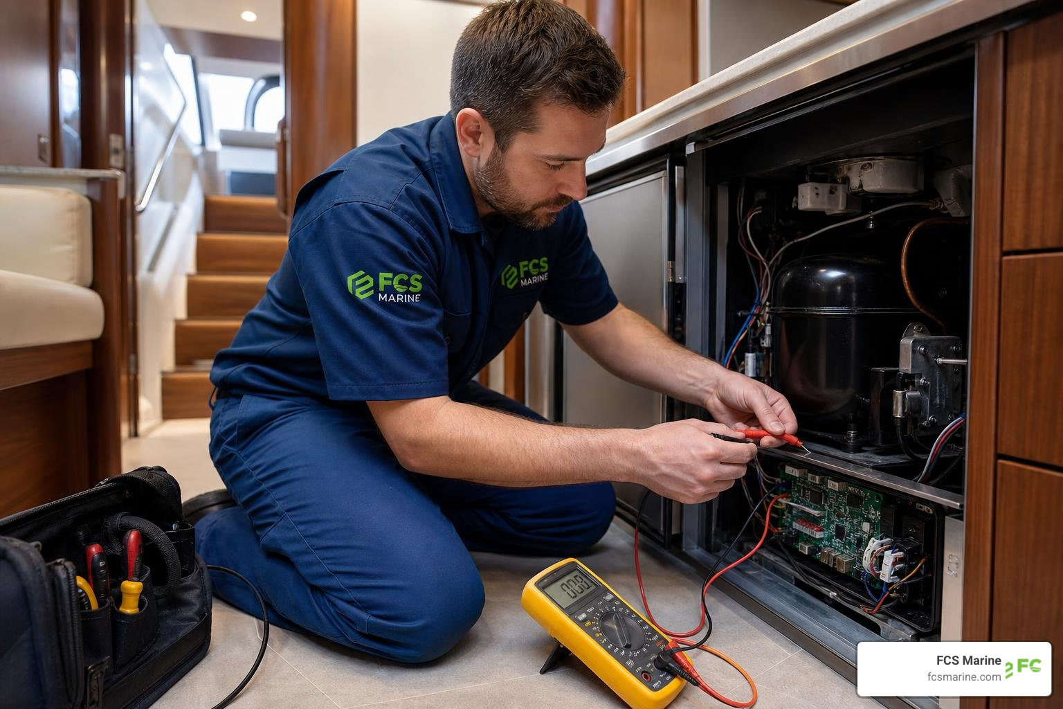 A marine technician performing electrical diagnostics on a yacht refrigerator compressor and control board