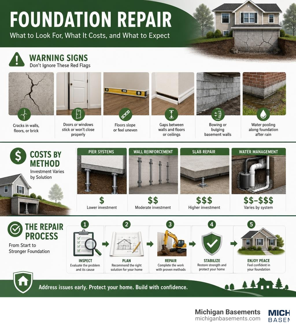 Foundation repair warning signs, costs by method, and repair process overview infographic