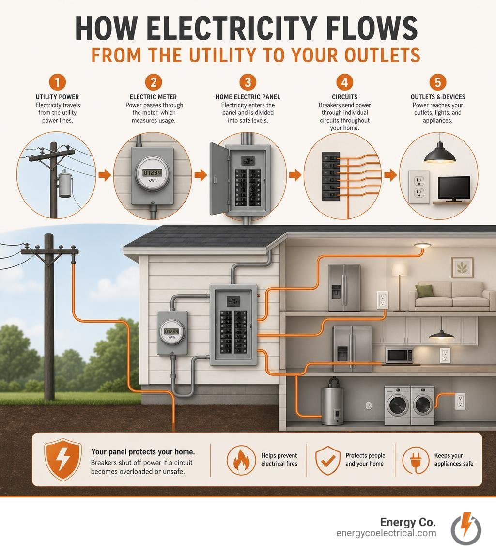 How electricity flows from the utility through a home electric panel to circuits and outlets infographic How electricity flows from the utility through a home electric panel to circuits and outlets infographic