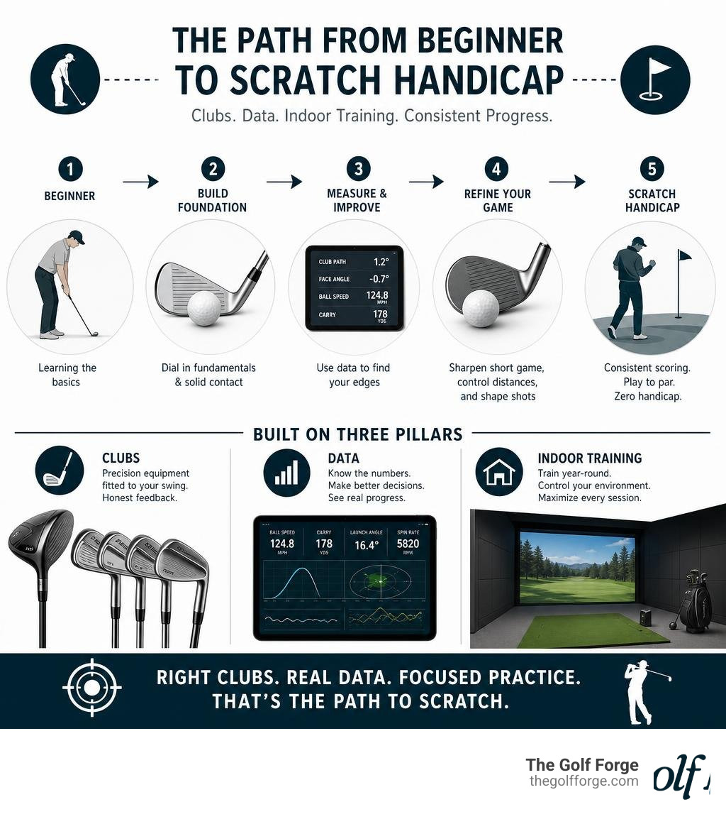 Path from beginner golfer to scratch handicap using clubs, data, and indoor training infographic Path from beginner golfer to scratch handicap using clubs, data, and indoor training infographic