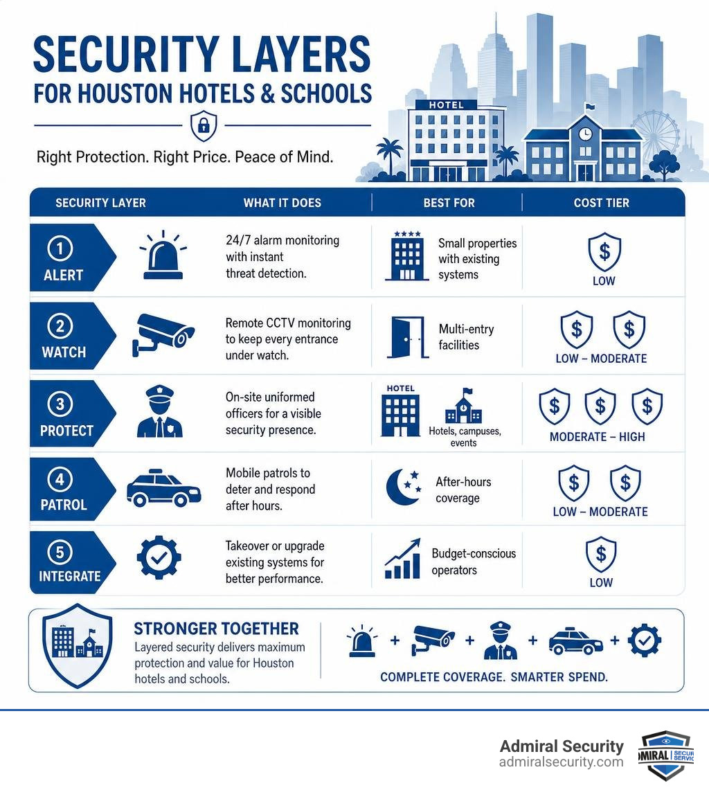 Infographic showing security layers for Houston hotels and schools with cost tiers infographic