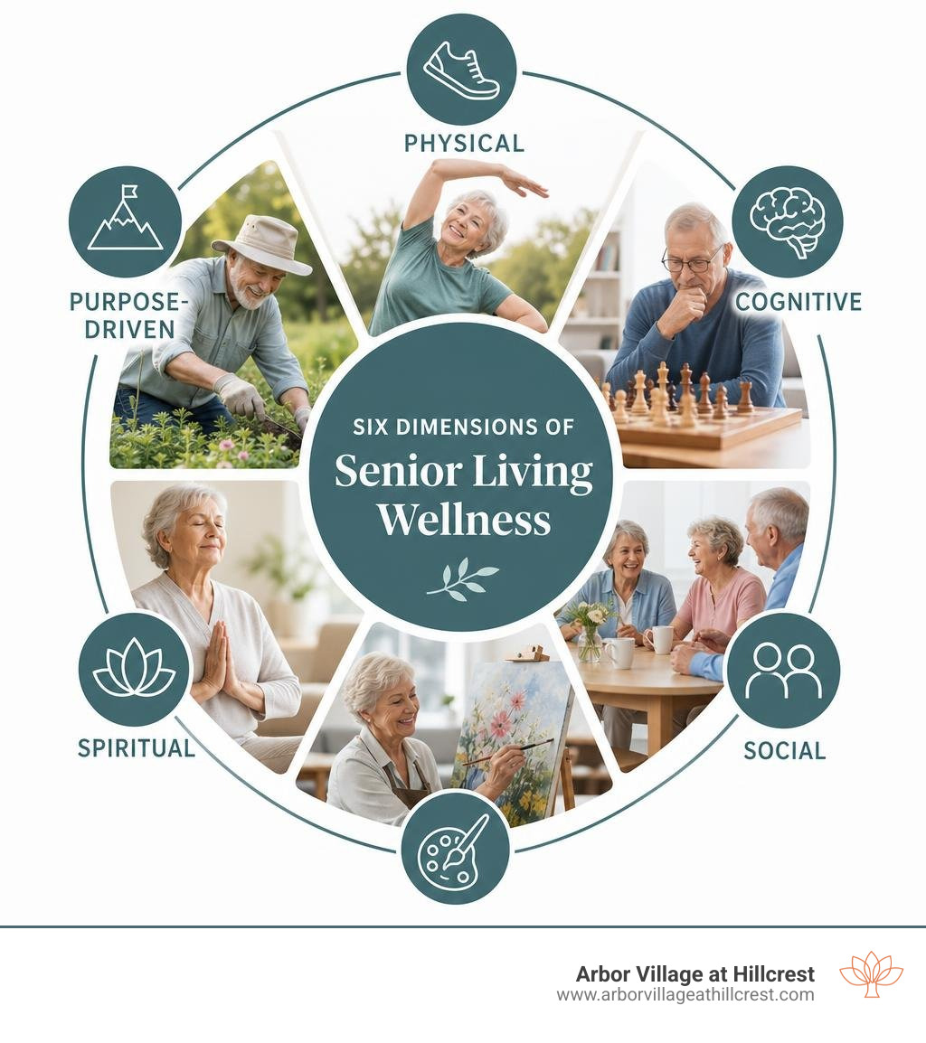 Six dimensions of senior living wellness: physical, cognitive, social, creative, spiritual, purpose-driven infographic