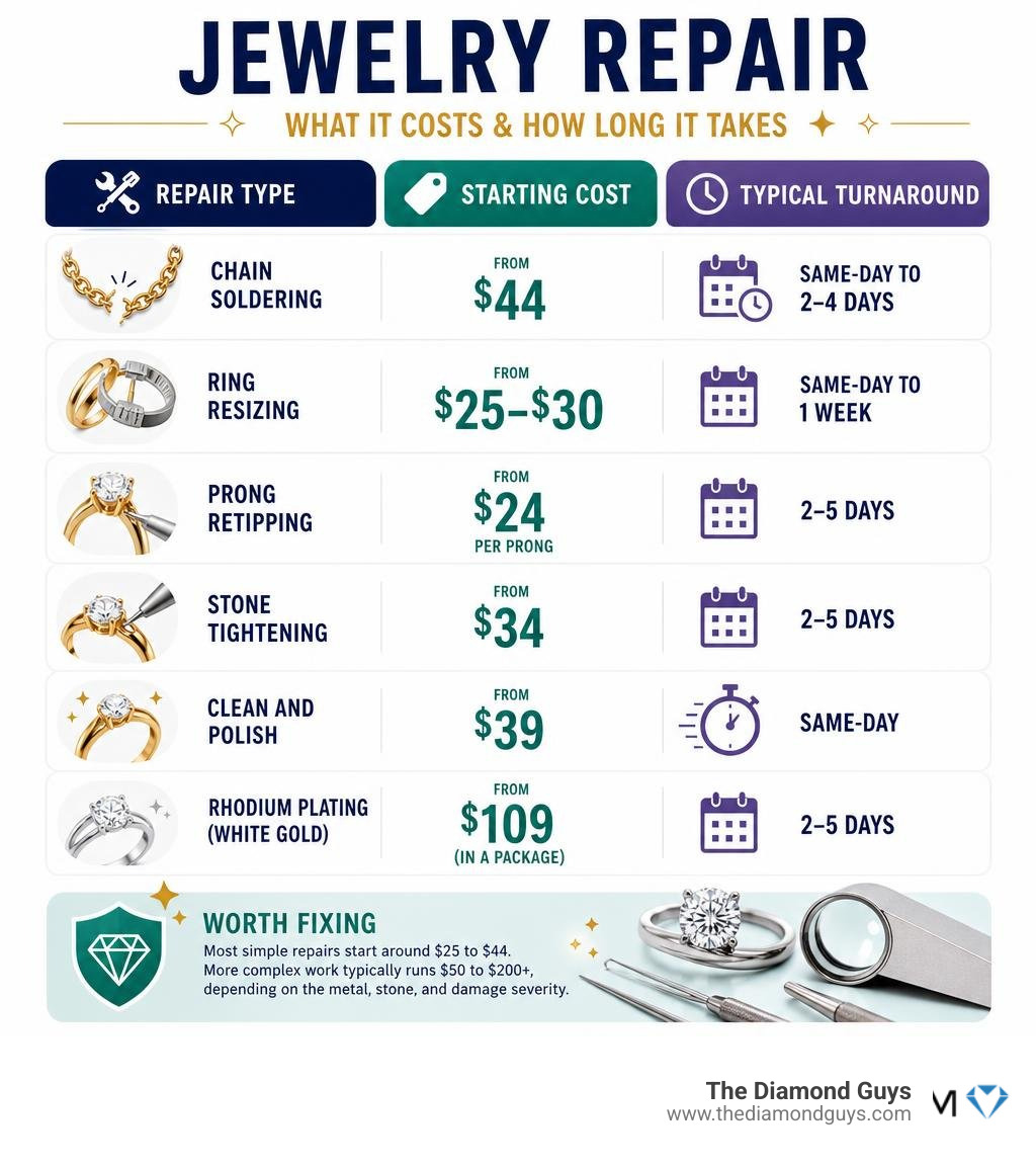 Infographic showing common jewelry repair types, average starting costs, and typical turnaround times infographic Infographic showing common jewelry repair types, average starting costs, and typical turnaround times infographic