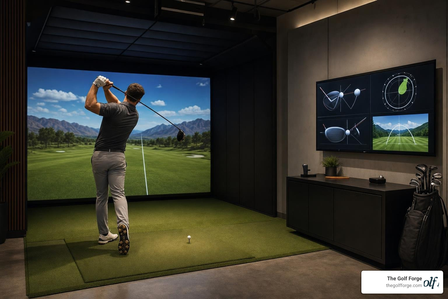 Golfer hitting a driver inside a high-tech indoor simulator bay Golfer hitting a driver inside a high-tech indoor simulator bay