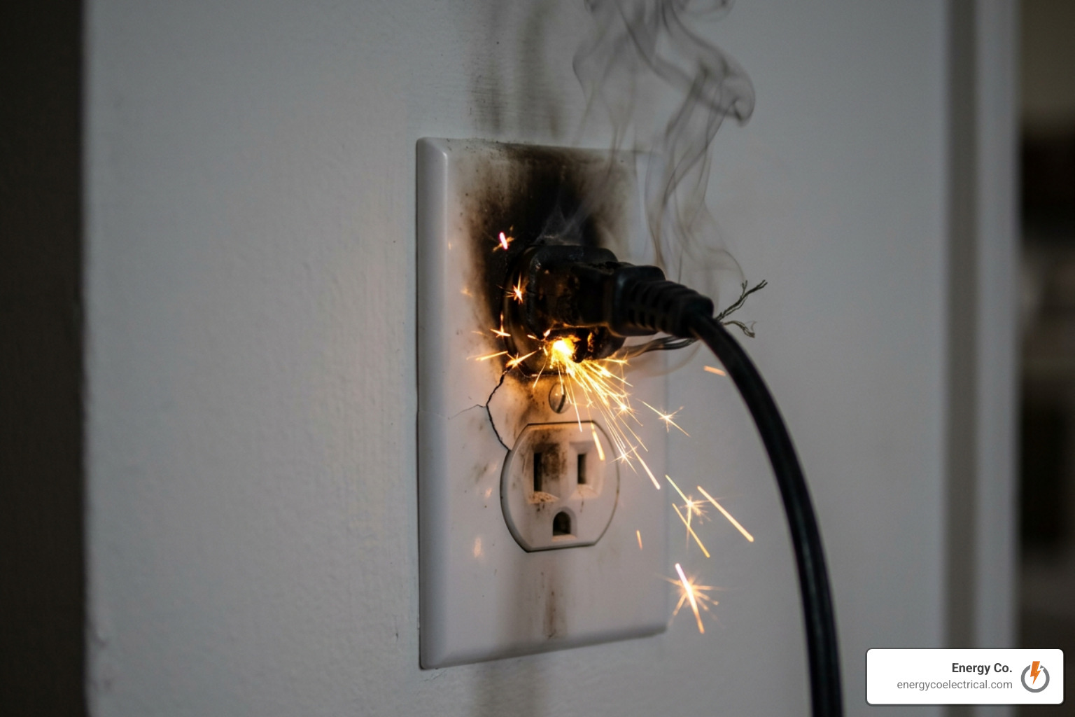 Sparking electrical outlet showing immediate emergency fire hazard Sparking electrical outlet showing immediate emergency fire hazard