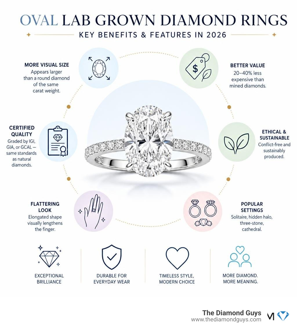 Infographic showing key benefits and features of oval lab grown diamond rings in 2026 infographic Infographic showing key benefits and features of oval lab grown diamond rings in 2026 infographic