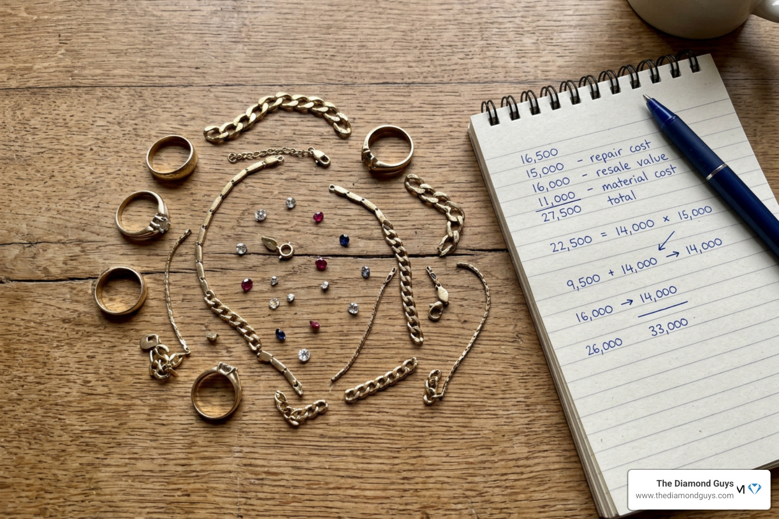 A collection of broken gold chains and rings waiting for a cost-benefit analysis A collection of broken gold chains and rings waiting for a cost-benefit analysis