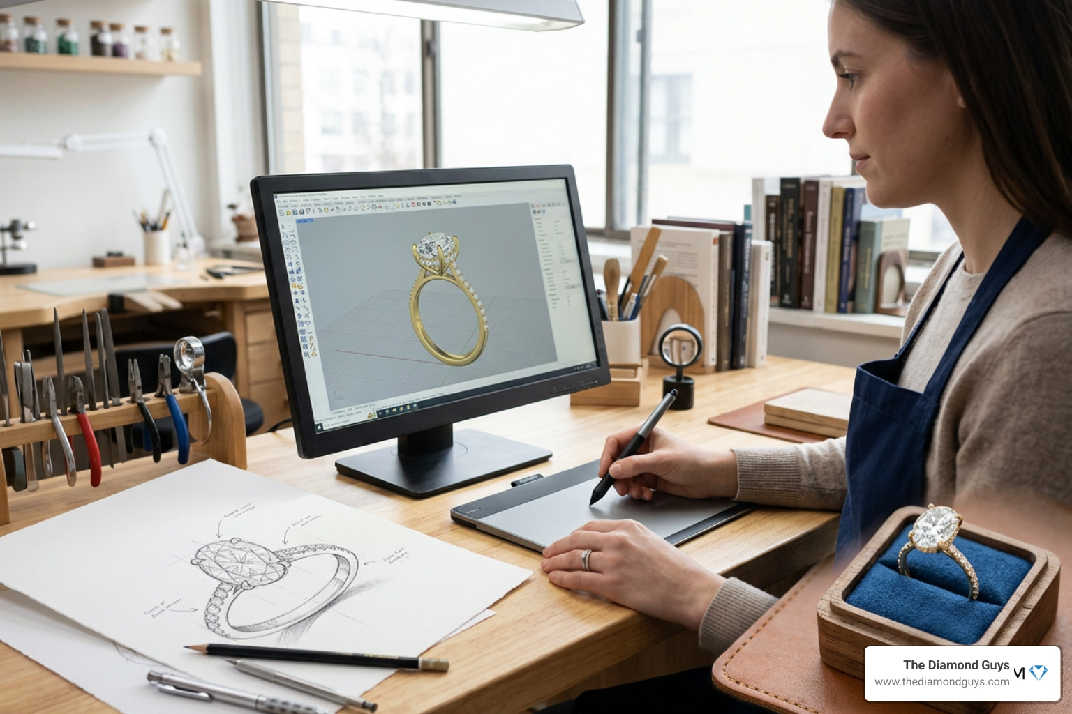 The modern custom jewelry design process from sketch to 3D rendering to final ring The modern custom jewelry design process from sketch to 3D rendering to final ring