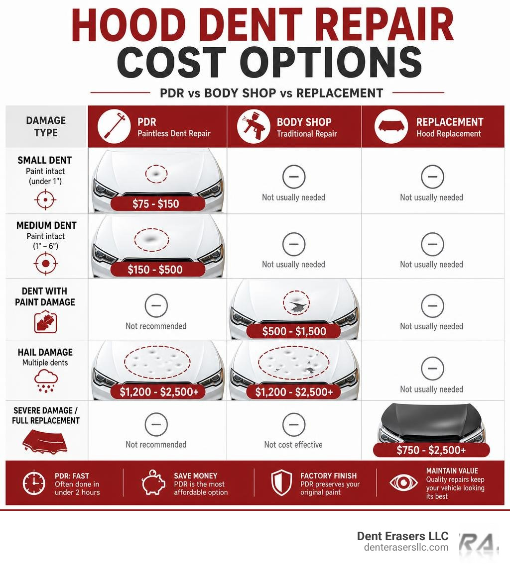 Hood dent repair cost options infographic: PDR vs body shop vs replacement by damage type infographic Hood Dent Repair Cost Options Infographic: Pdr Vs Body Shop Vs Replacement By Damage Type Infographic