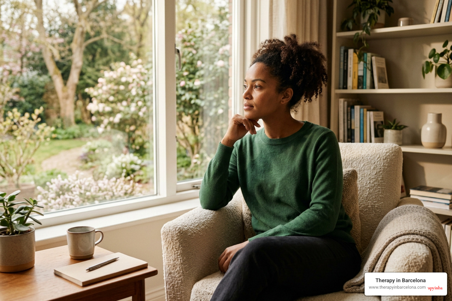 A person sitting thoughtfully by a window, contemplating their personal growth journey