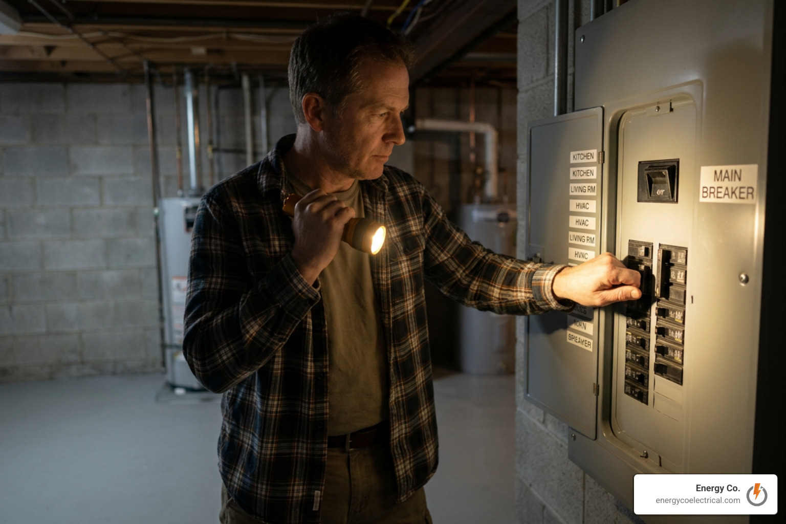 Homeowner safely turning off a main breaker panel during emergency safety isolation Homeowner safely turning off a main breaker panel during emergency safety isolation