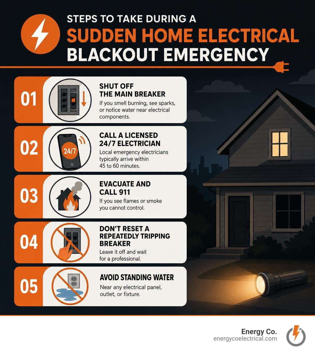 Steps to take during a sudden home electrical blackout emergency infographic Steps to take during a sudden home electrical blackout emergency infographic