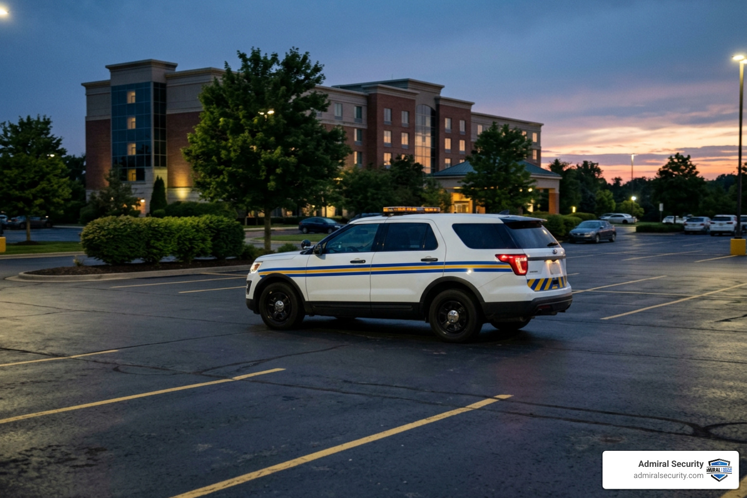 Professional security patrol vehicle with blurred badges on the side