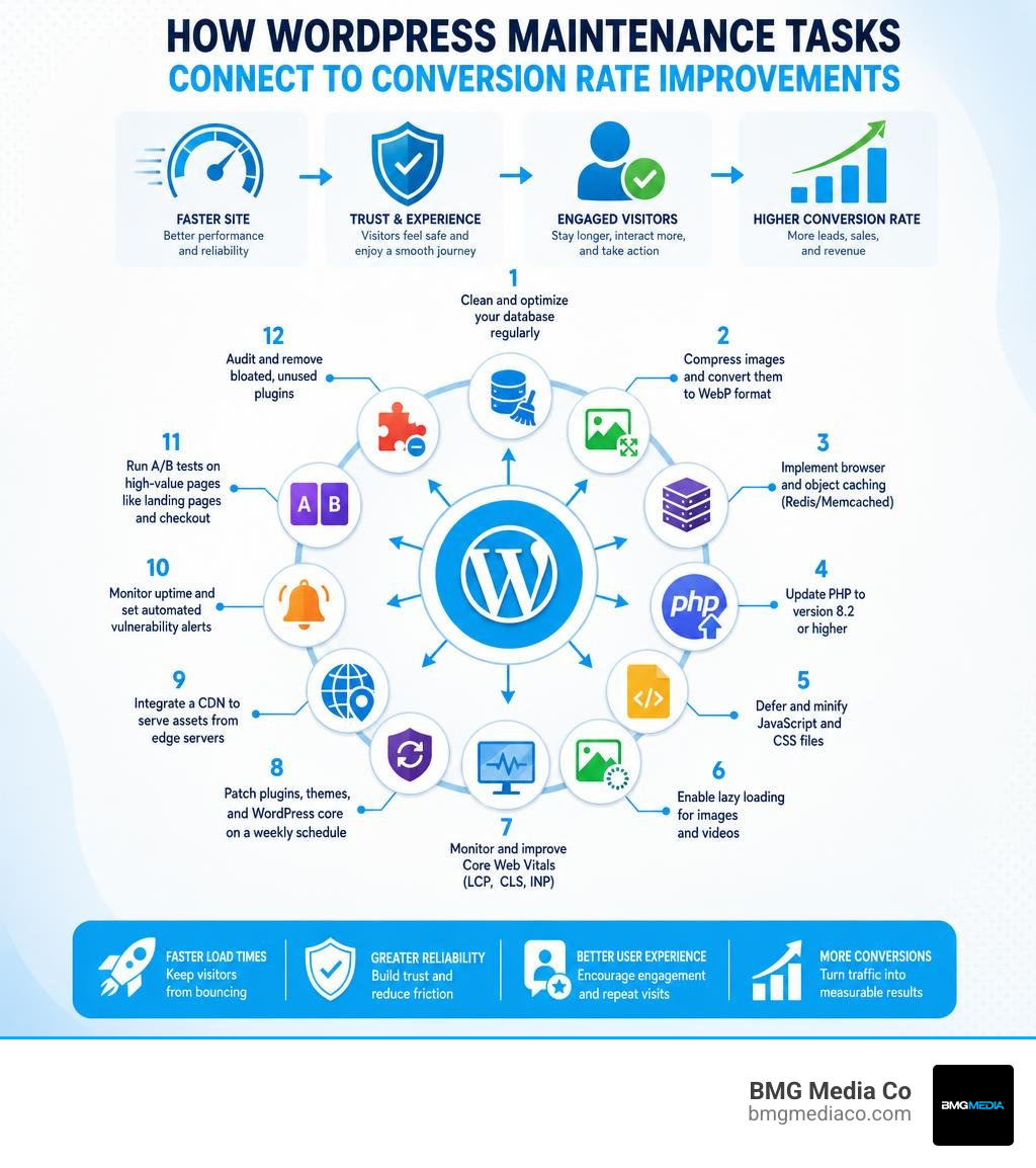 How WordPress maintenance tasks connect to conversion rate improvements infographic