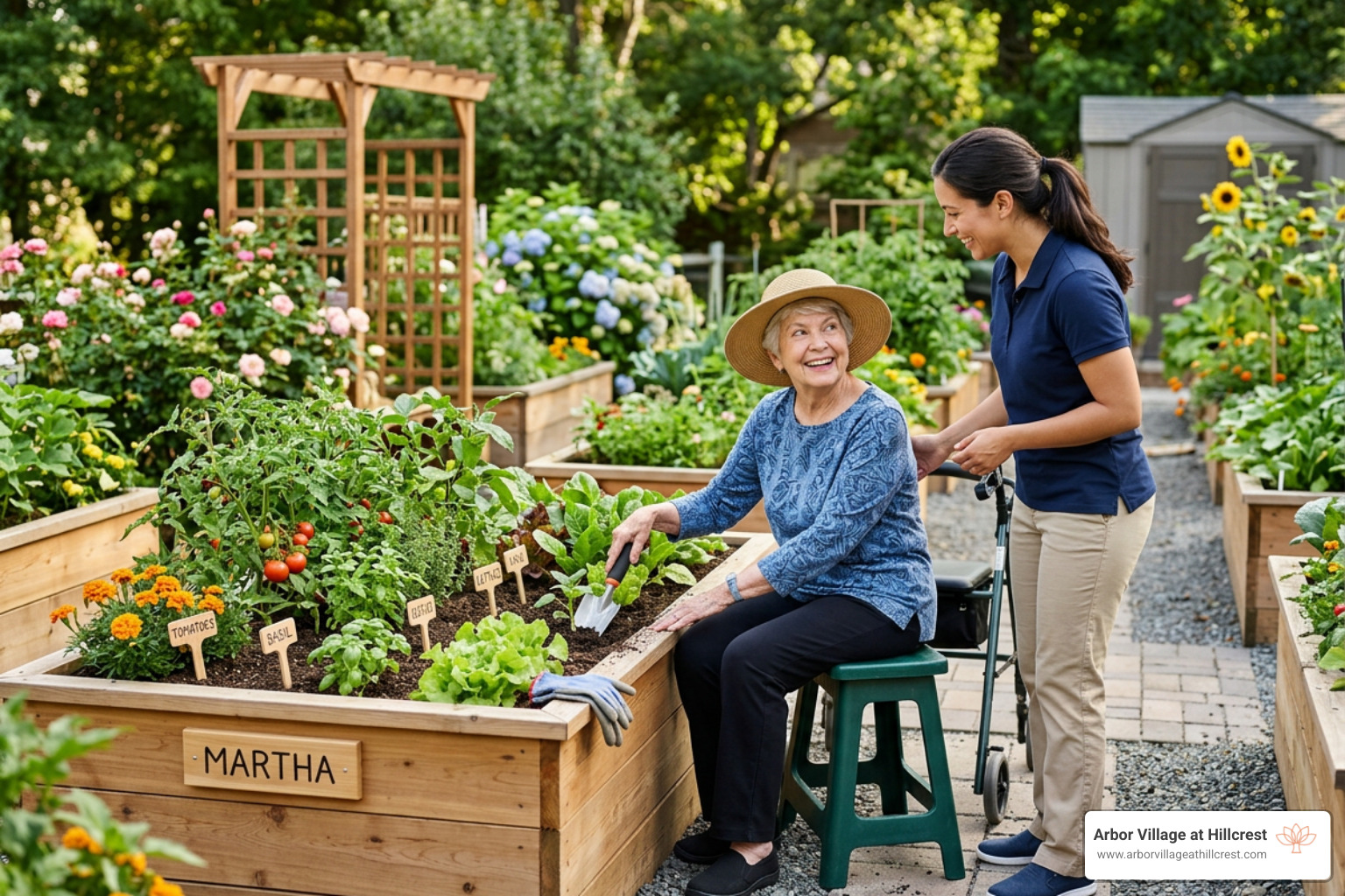 senior gardening in a raised bed; personalization; resident intake; mobility limitations; cognitive adaptation