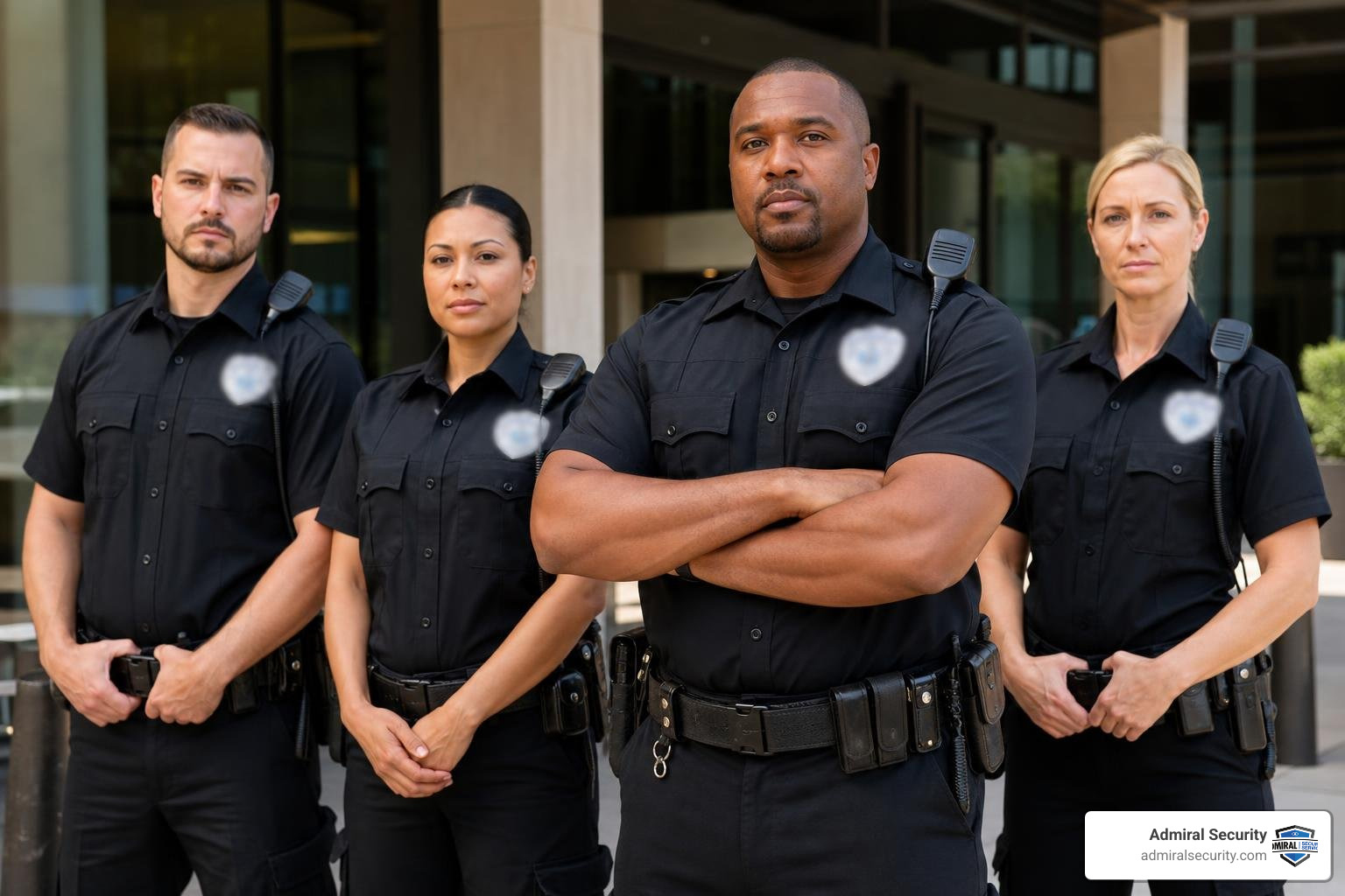 Professional security personnel standing together with slightly blurred badges on uniforms