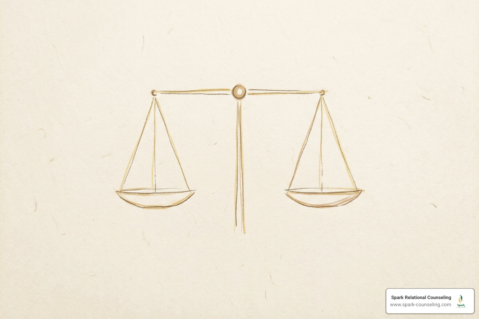 A simple, face-free sketch of a balanced scale in soft amber tones, representing demands versus resources