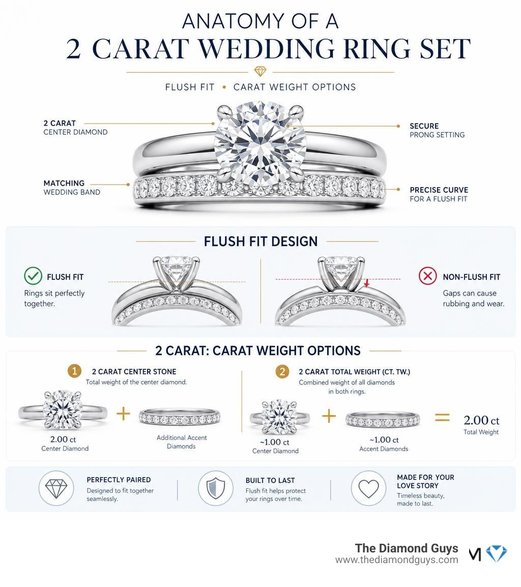 Anatomy of a 2 carat wedding ring set showing flush fit and carat weight options infographic Anatomy of a 2 carat wedding ring set showing flush fit and carat weight options infographic