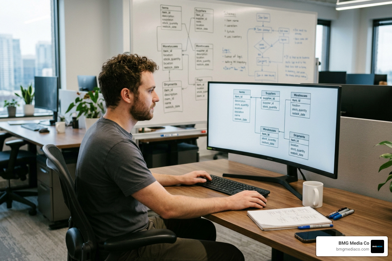Software developer mapping out relational database schemas for inventory tracking