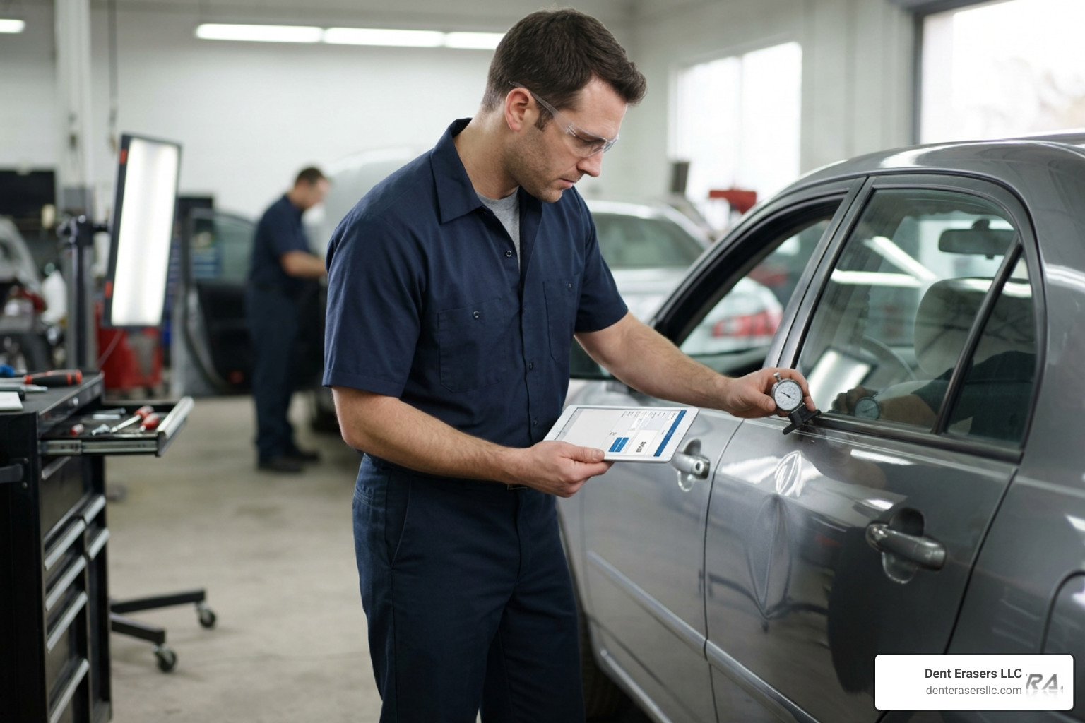 technician measuring a dent and calculating repair cost Technician Measuring A Dent And Calculating Repair Cost