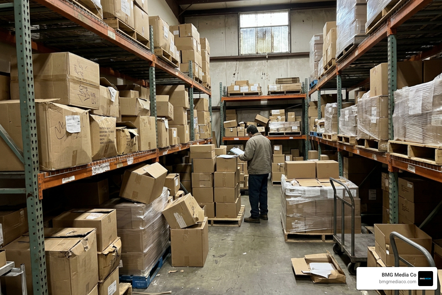 Cluttered warehouse shelves with mismatched inventory boxes
