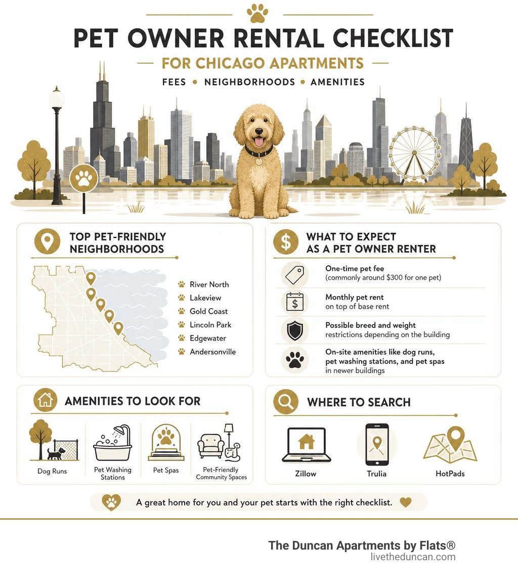 Pet owner rental checklist infographic for Chicago apartments with fees, neighborhoods, and amenities infographic Pet owner rental checklist infographic for Chicago apartments with fees, neighborhoods, and amenities infographic