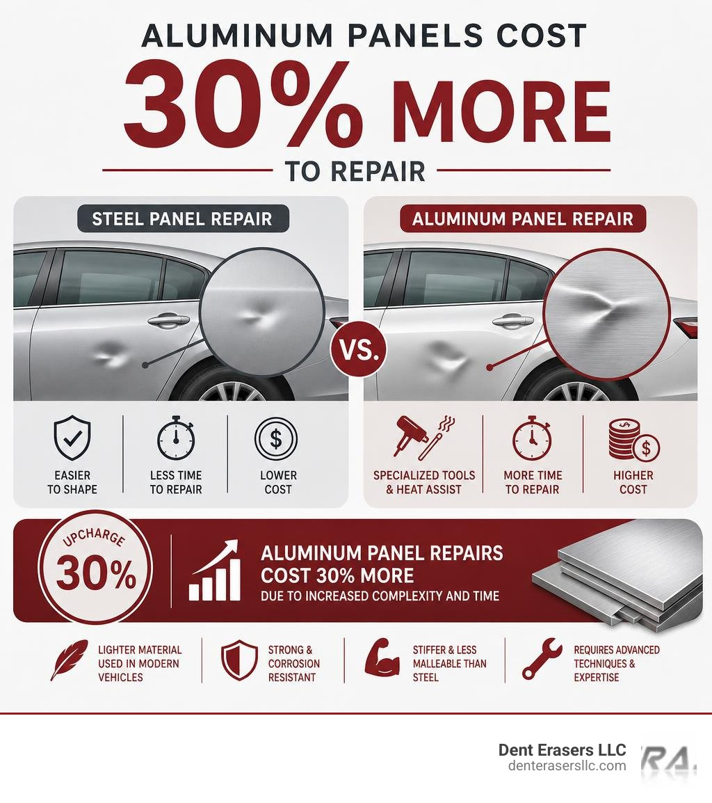 infographic showing the 30 percent aluminum panel repair cost upcharge infographic Infographic Showing The 30 Percent Aluminum Panel Repair Cost Upcharge Infographic
