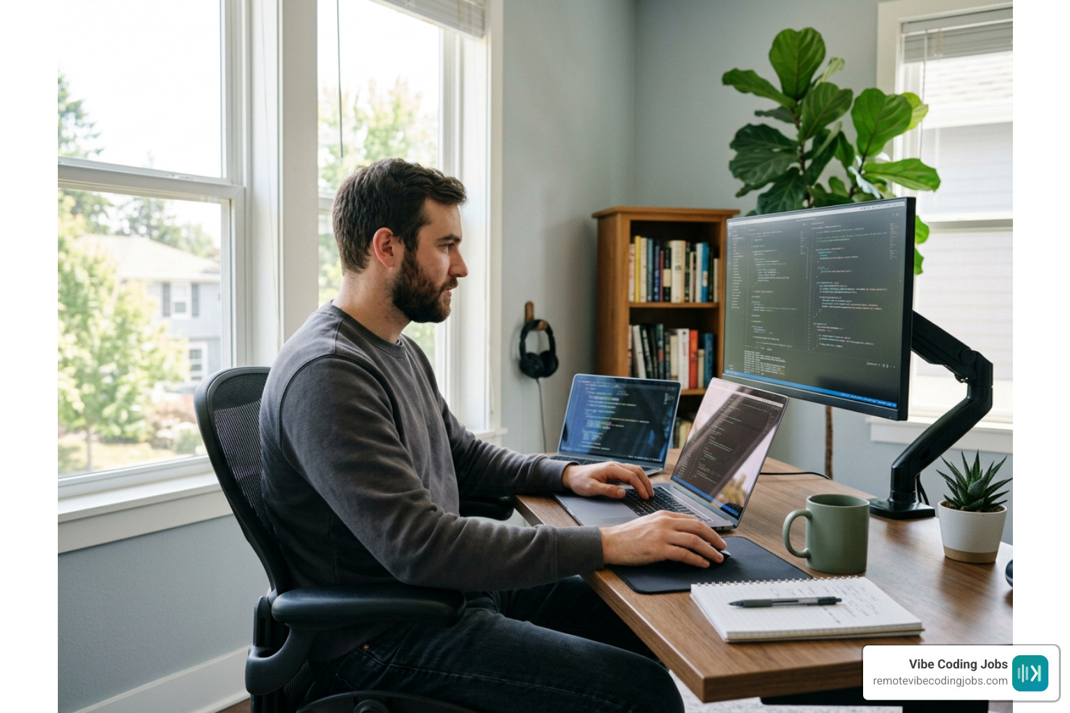 Software engineer writing code on a laptop in a modern remote workspace Software engineer writing code on a laptop in a modern remote workspace