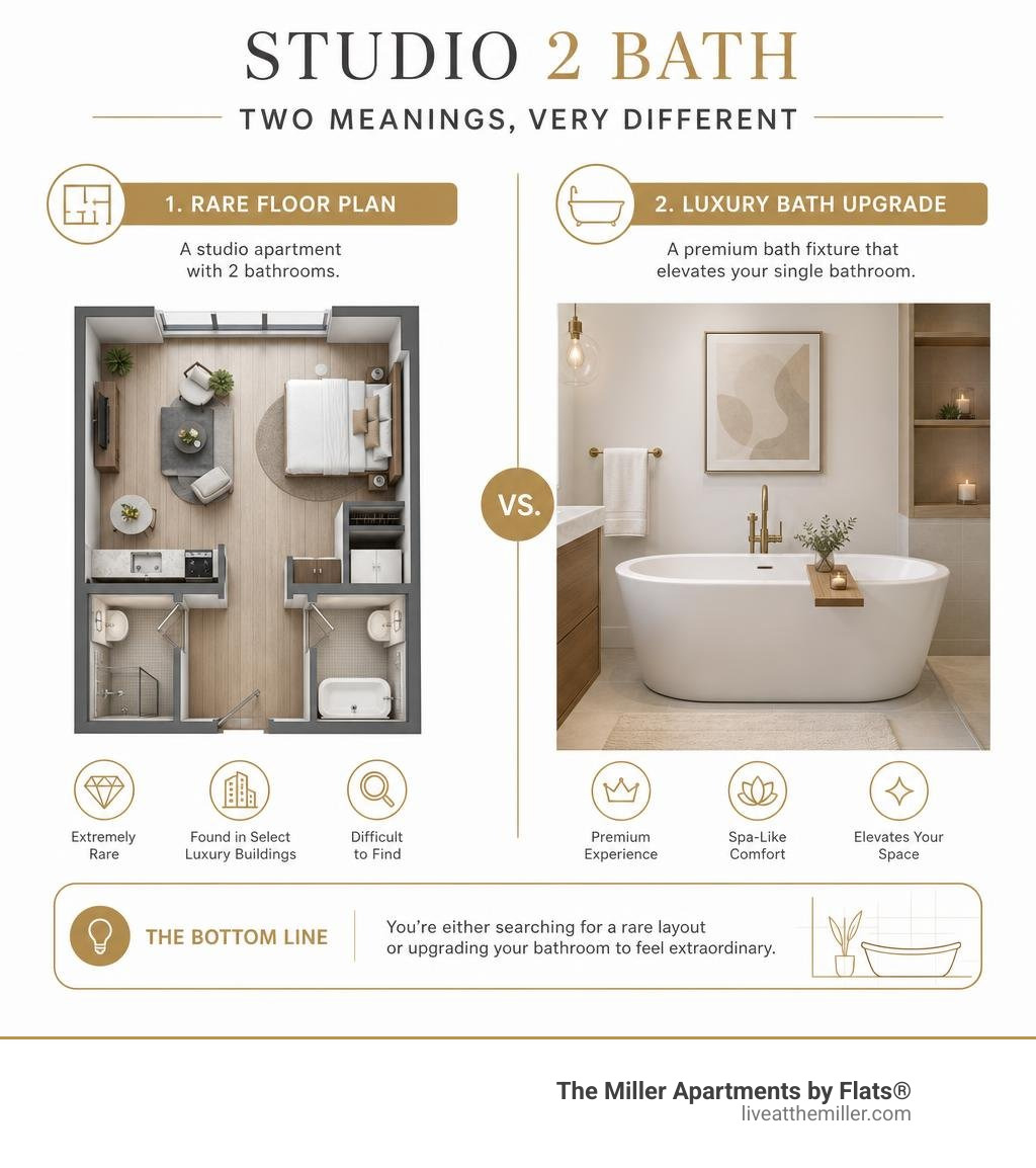 Infographic comparing studio 2 bath meanings: rare floor plan vs. luxury bath fixture upgrade infographic