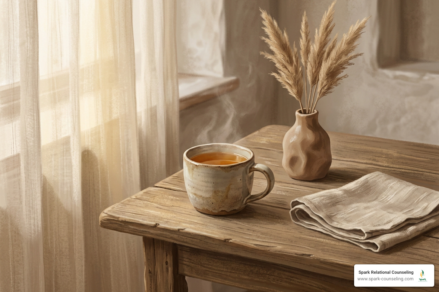 A wabi-sabi inspired illustration of a quiet, grounding space in warm amber tones