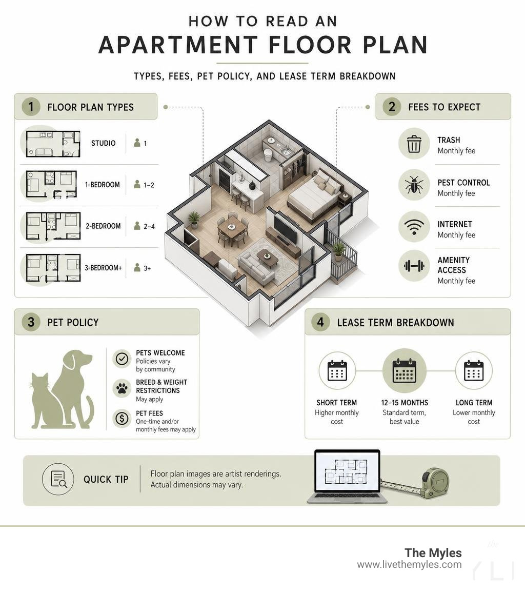 How to read an apartment floor plan: types, fees, pet policy, and lease term breakdown infographic