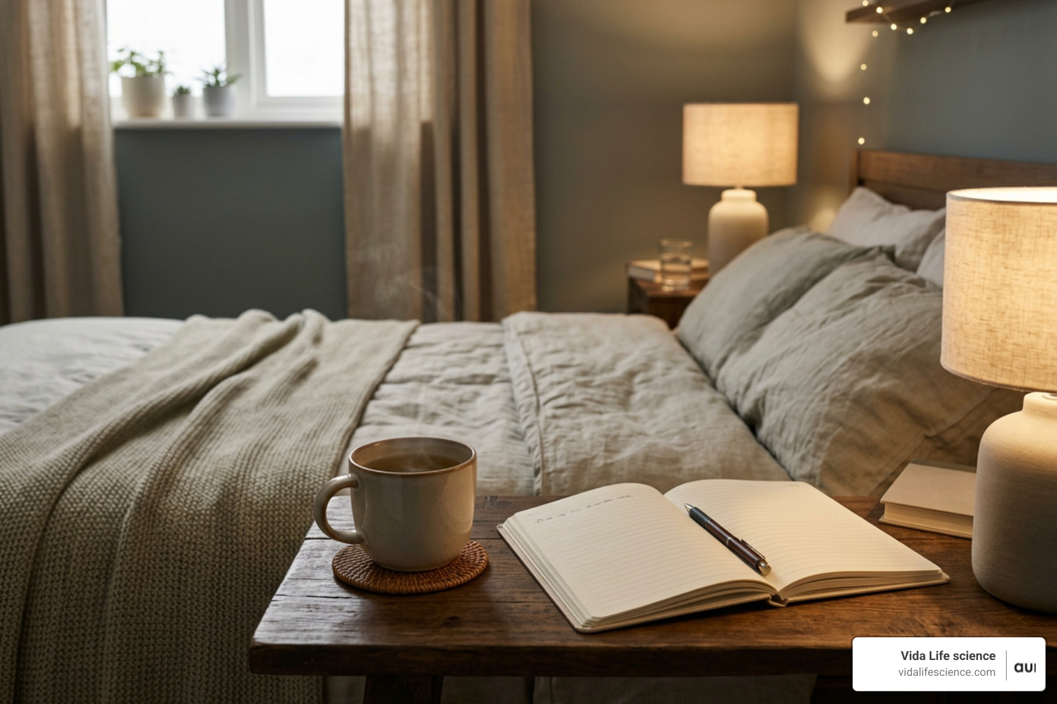 A relaxing wind-down routine featuring a warm cup of tea and journaling before bed A relaxing wind-down routine featuring a warm cup of tea and journaling before bed