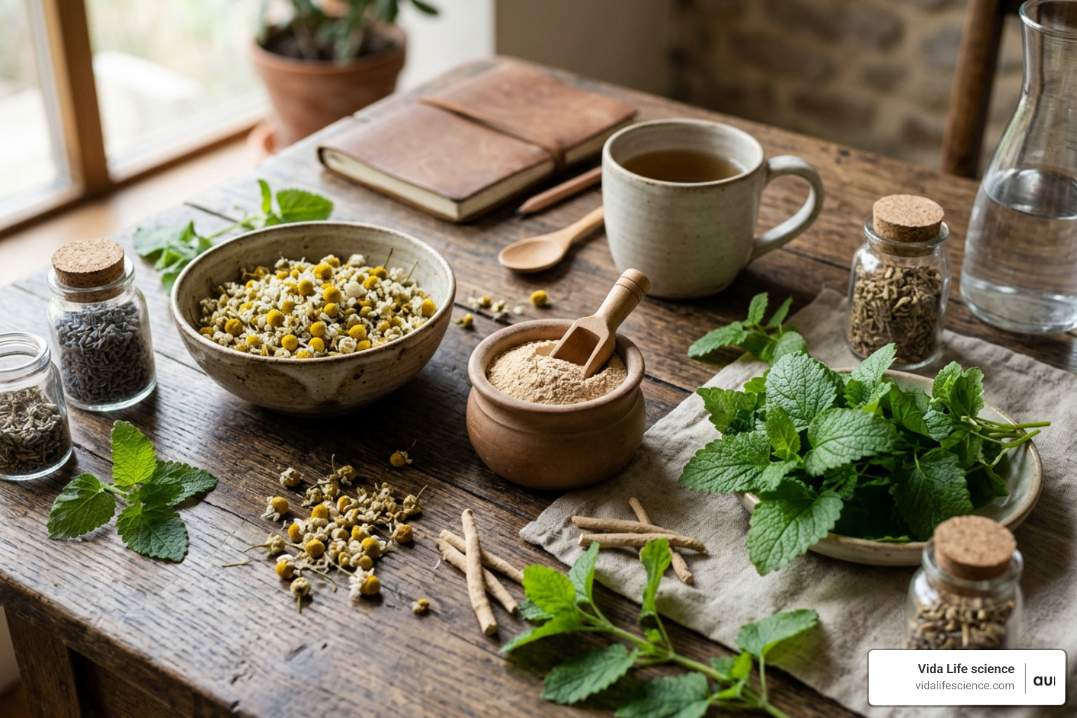 Natural botanical herbs like chamomile, ashwagandha, and lemon balm used for relaxation Natural botanical herbs like chamomile, ashwagandha, and lemon balm used for relaxation